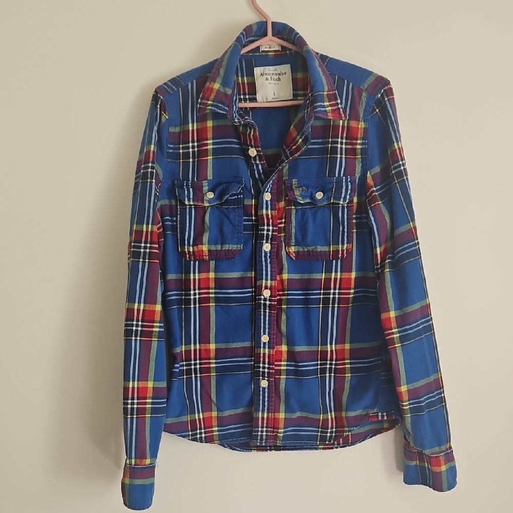 Blue Plaid Button-Up Shirt with Red & Yellow Accents